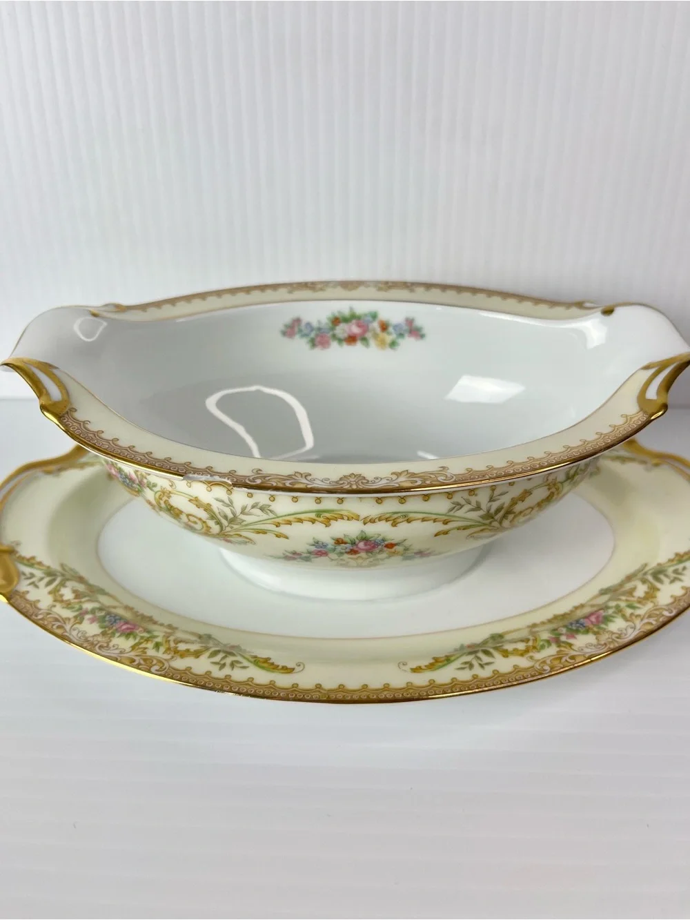 Noritake Nanette 683 Porcelain Floral Gold Gravy Boat & Underplate Set-AS IS